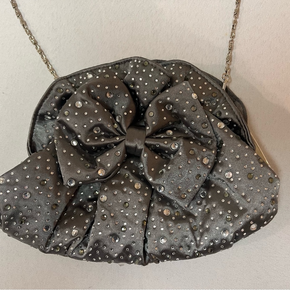 2/$20 - Sparkly Grey Satin Clutch with Rhinestones & A Bow,removable chain, prom